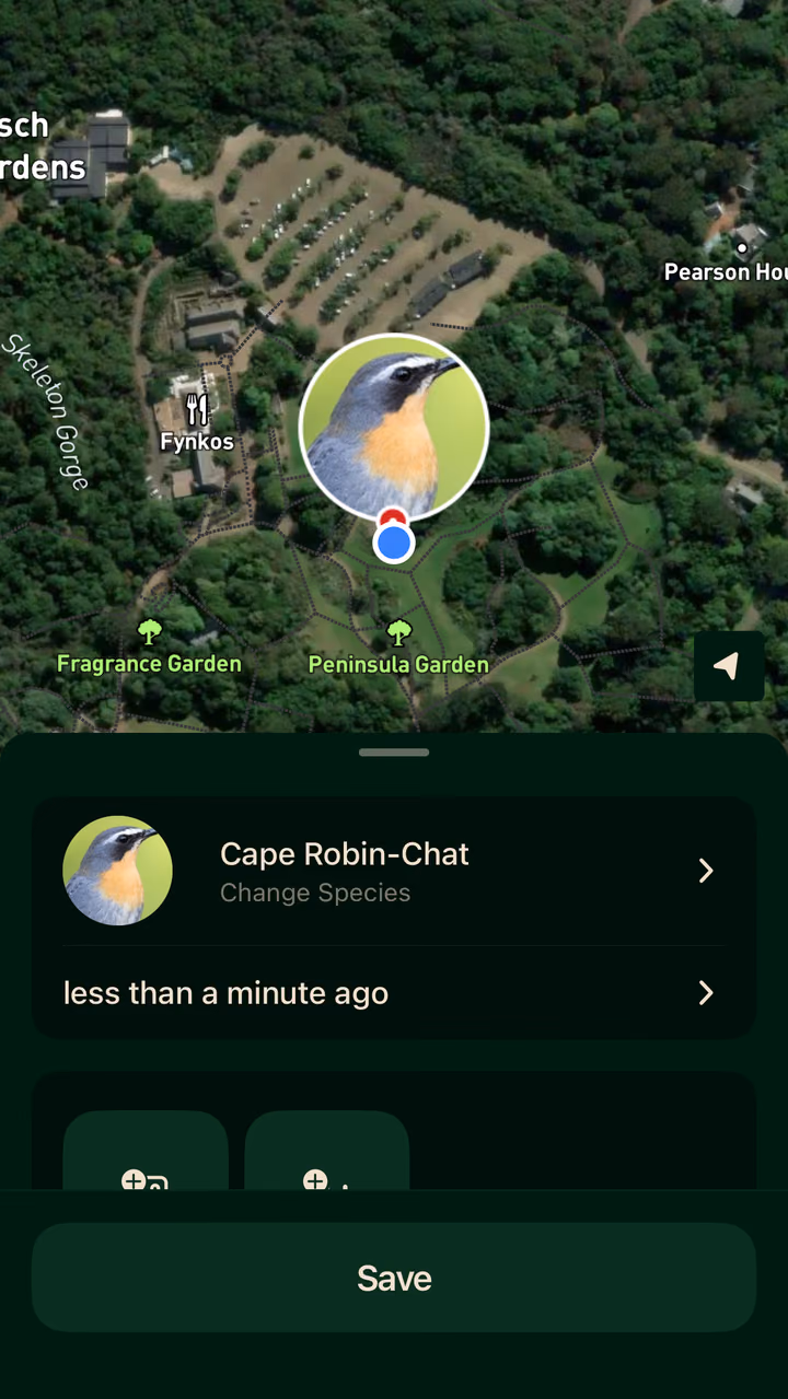 A Cape Robin-Chat pinned on the map at Kirstenbosch, where it was seen, as a sighting is added.