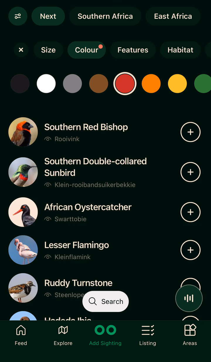 The bird traits filter set to red, narrowing the list to the Southern Red Bishop, Southern Double-collared Sunbird and African Oystercatcher.