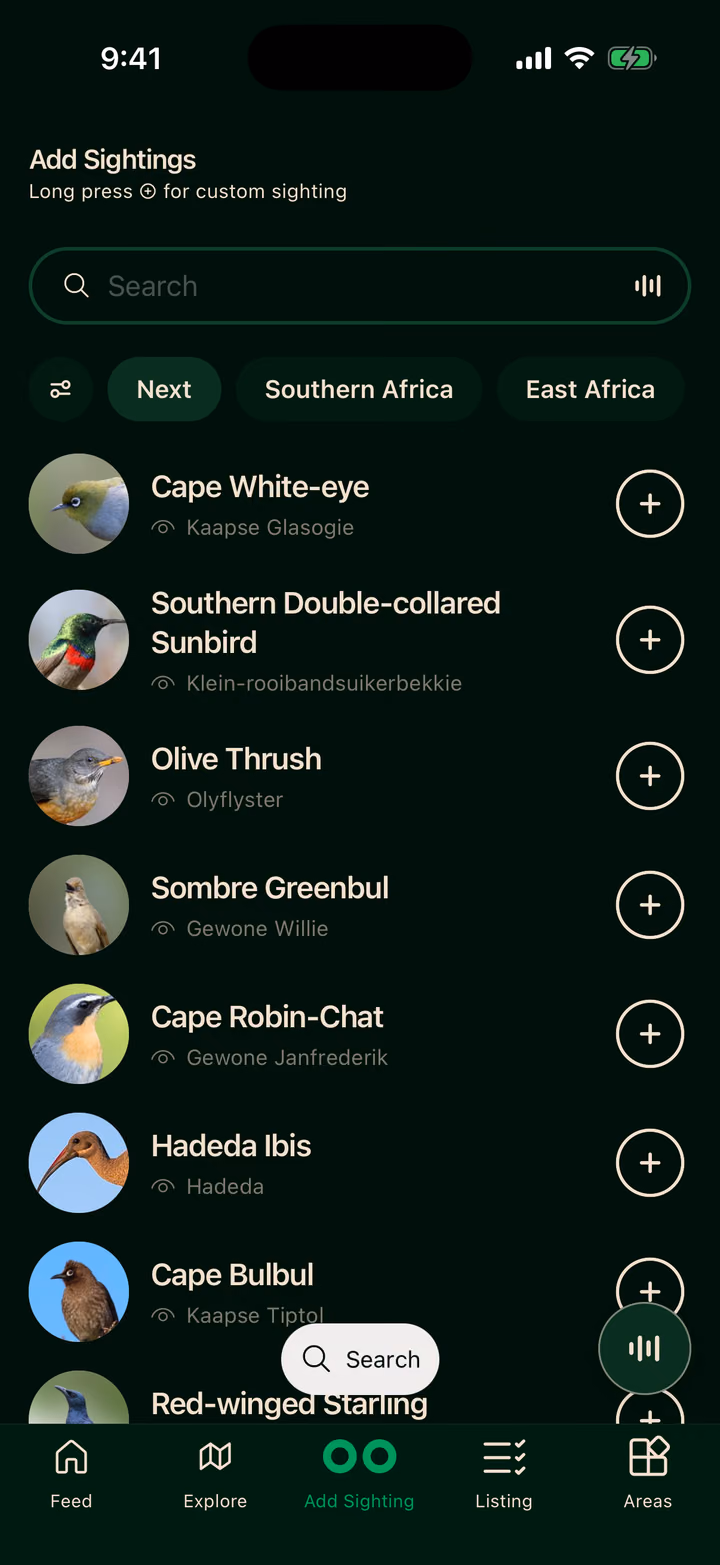 The add sighting list on its Next tab, led by Cape White-eye, Southern Double-collared Sunbird and Olive Thrush.