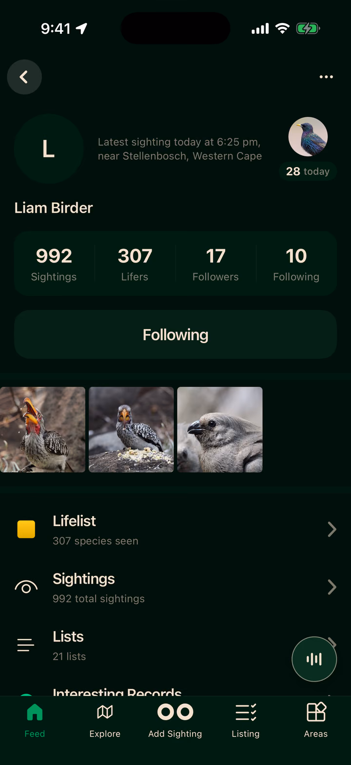 A birder's profile showing their sightings, lifers, photos, lifelist and lists.