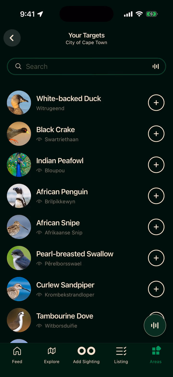 Your Targets for the City of Cape Town, listing birds recorded there that you have not seen yet.
